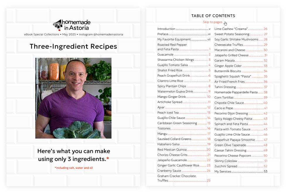 cover and table of contents from the Homemade in Astoria 3-Ingredient Recipes digital cookbook