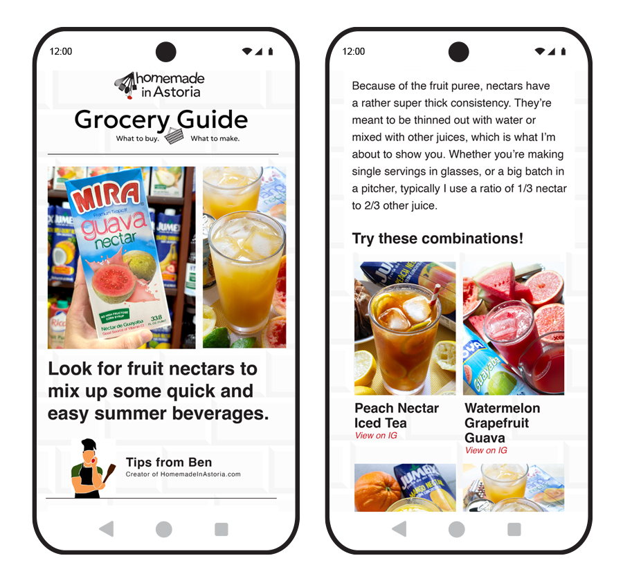 sample image of HTML emails from the Homemade in Astoria Grocery Guide featuring fruit nectars