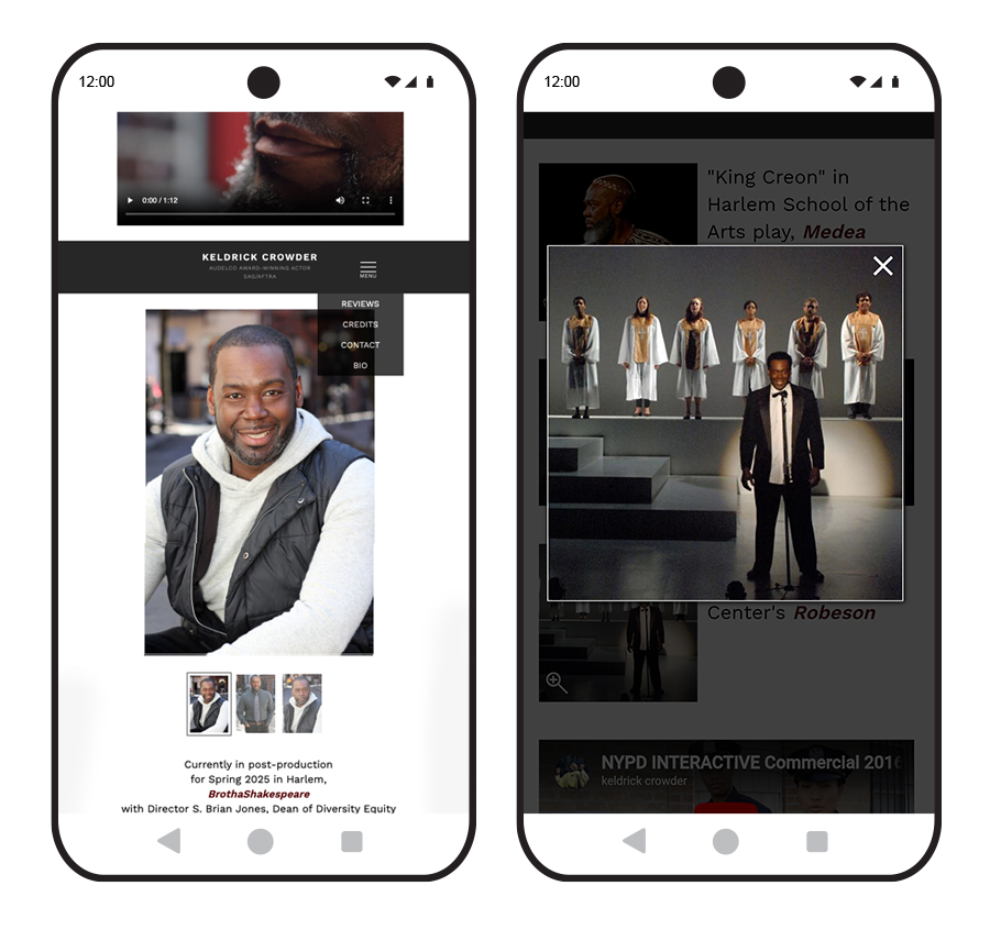 sample screenshot of a mobile site promoting the actor, Keldrick Crowder