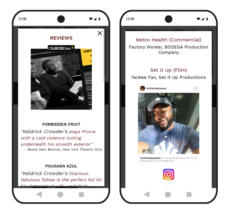 sample screenshot of a mobile site promoting the actor, Keldrick Crowder