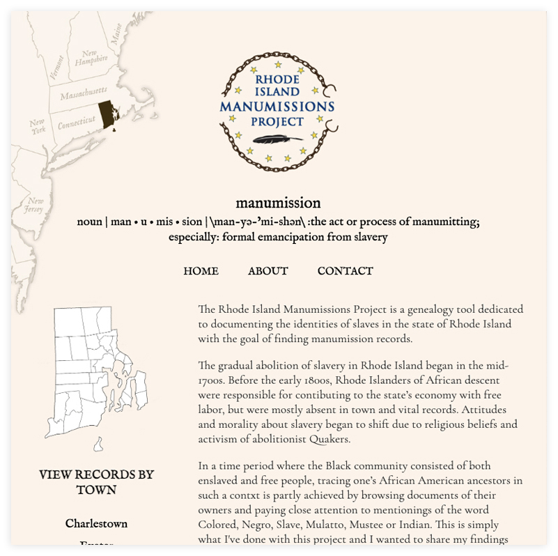 sample screenshot of the Rhode Island Manumission Project, a website transcribing genealogy records for people with African-American roots in Rhode Island