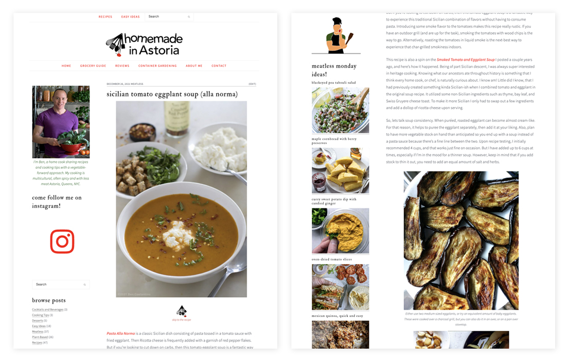 sample page from the Homemade in Astoria blog, Sicilian Tomato and Eggplant Soup